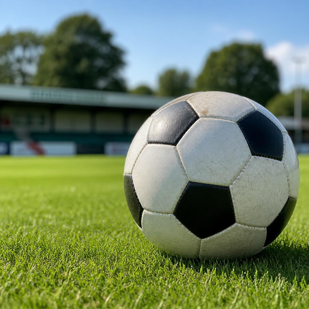 Voetbal op het grasveld van sportvereniging SV Lelystad, trots gesponsord door Boltz